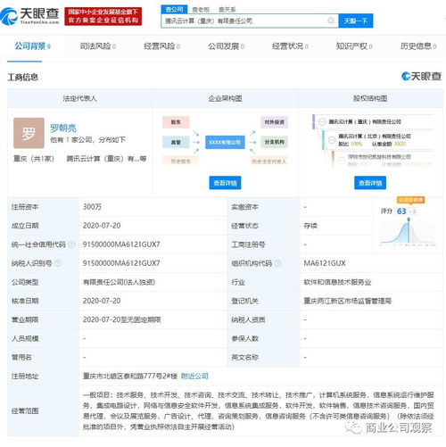 騰訊云在渝布局再落一子 新公司注冊資本300萬，深耕軟件開發